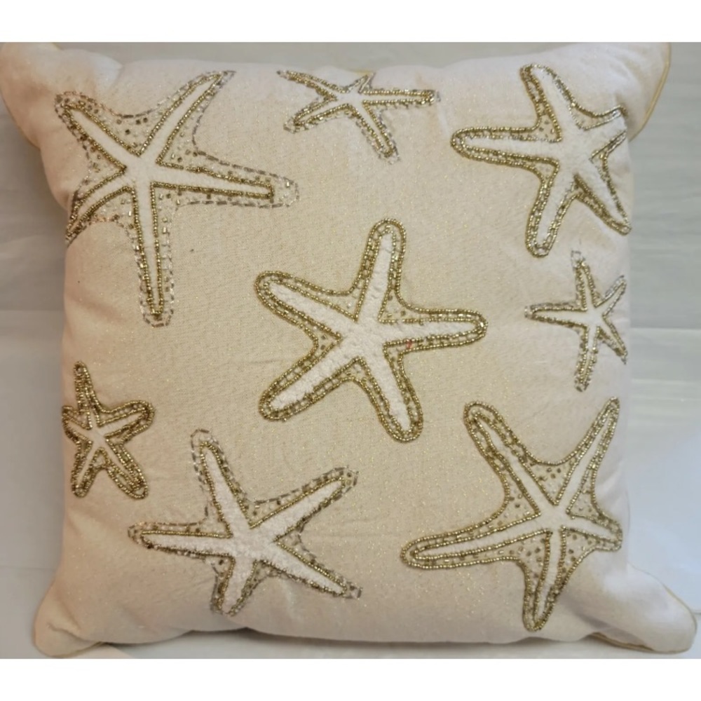 Bead Accent Toss Throw Pillow Starfish Sea Nautical Coastal Collection 18” Gold
